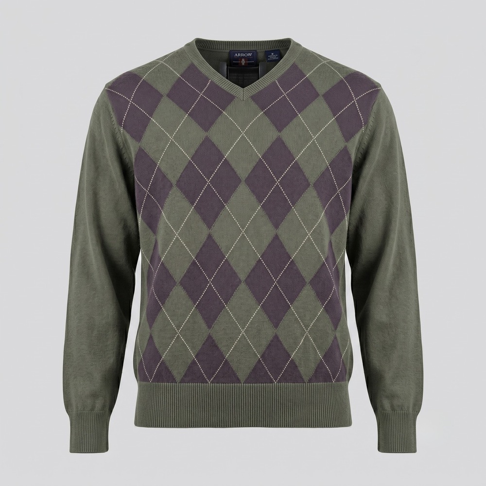 Arrow Mens Medium Green Argyle Sweater V-Neck Long Sleeve Cotton Preppy